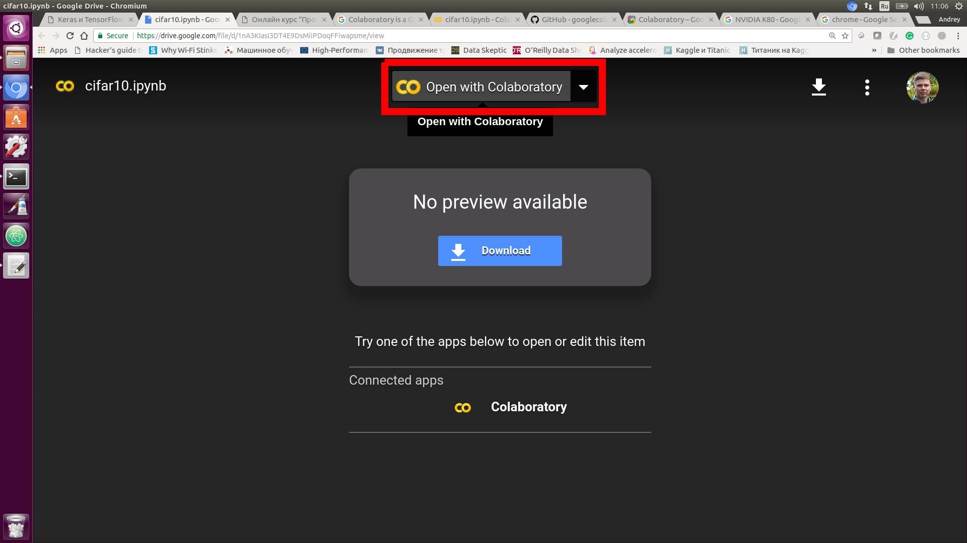 Открыть ноутбук в Colaboratory