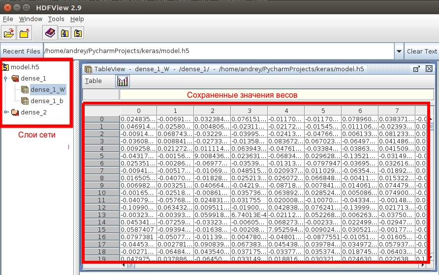 Просмотр весов сети в HDFView